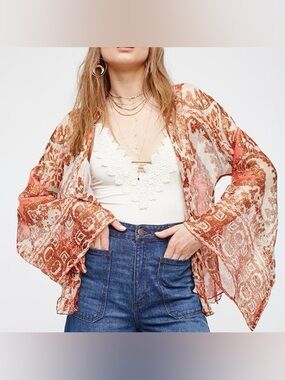 ✨💛 Free People Fleur De Lis Kimono Sheer Metallic Floral Boho Top Size S NWT